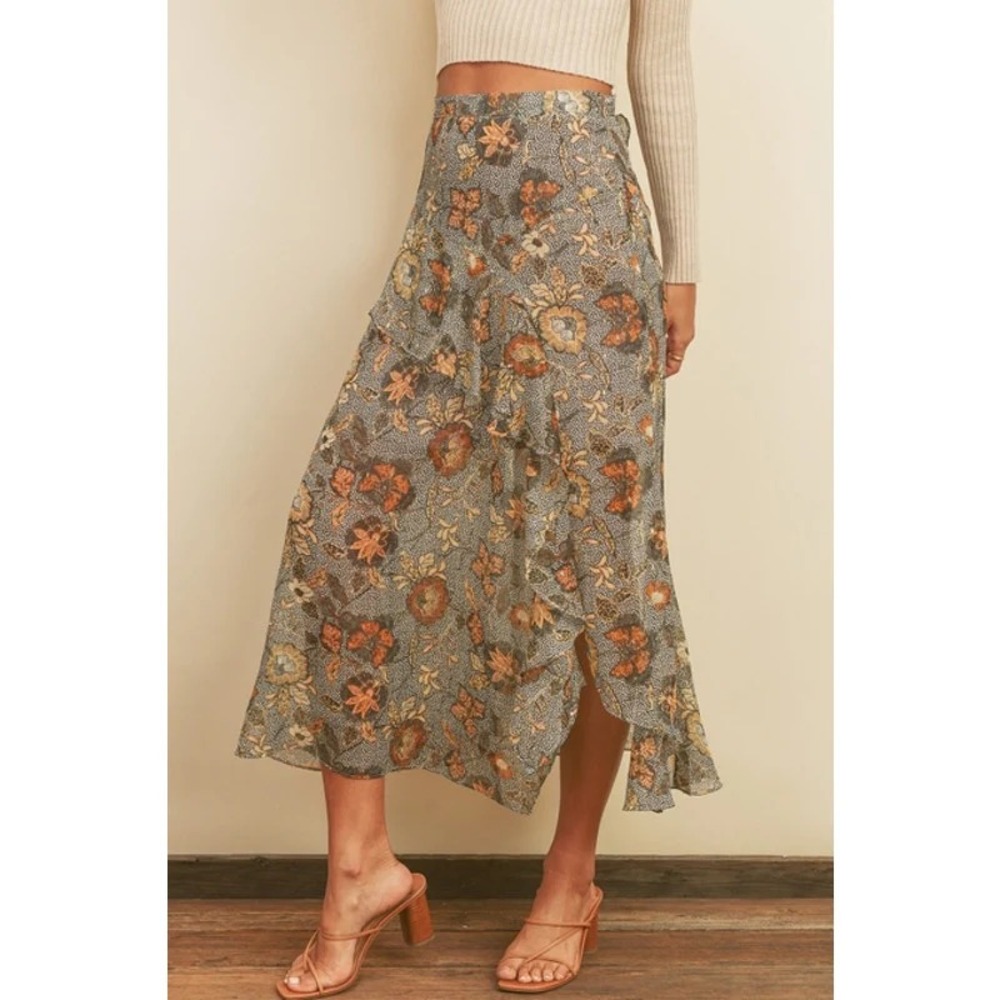 Dress Forum Skirt Womens M Brown Floral Ruffle Midi‎ Boho High Waist NEW